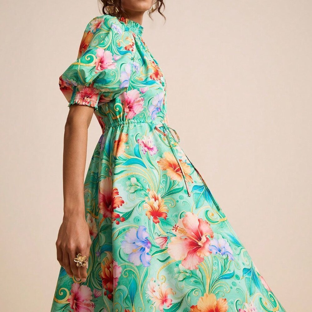Green & Fuchsia Boho Women's Floral Print Collar Puff Sleeve A-Line Dress - Picture 5 of 7